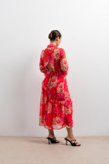 Vestido rojo de gasa con estampado floral y espalda al aire
